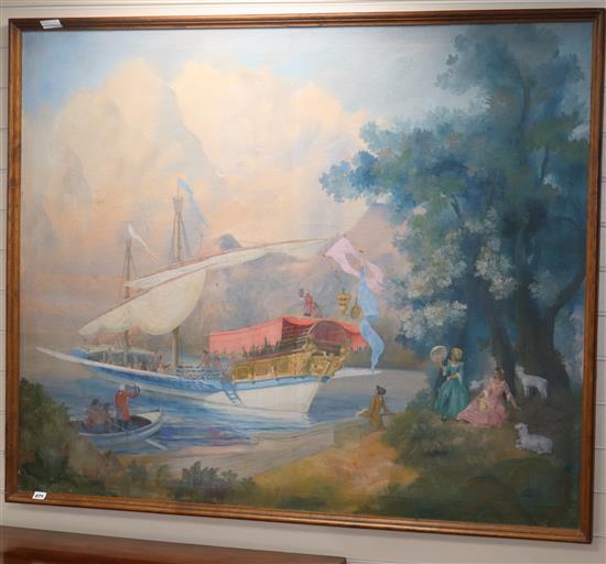 Michel Pellaton, oil on canvas, Fantasy scene with 18th century figures boarding a galley, signed and dated 1947?,